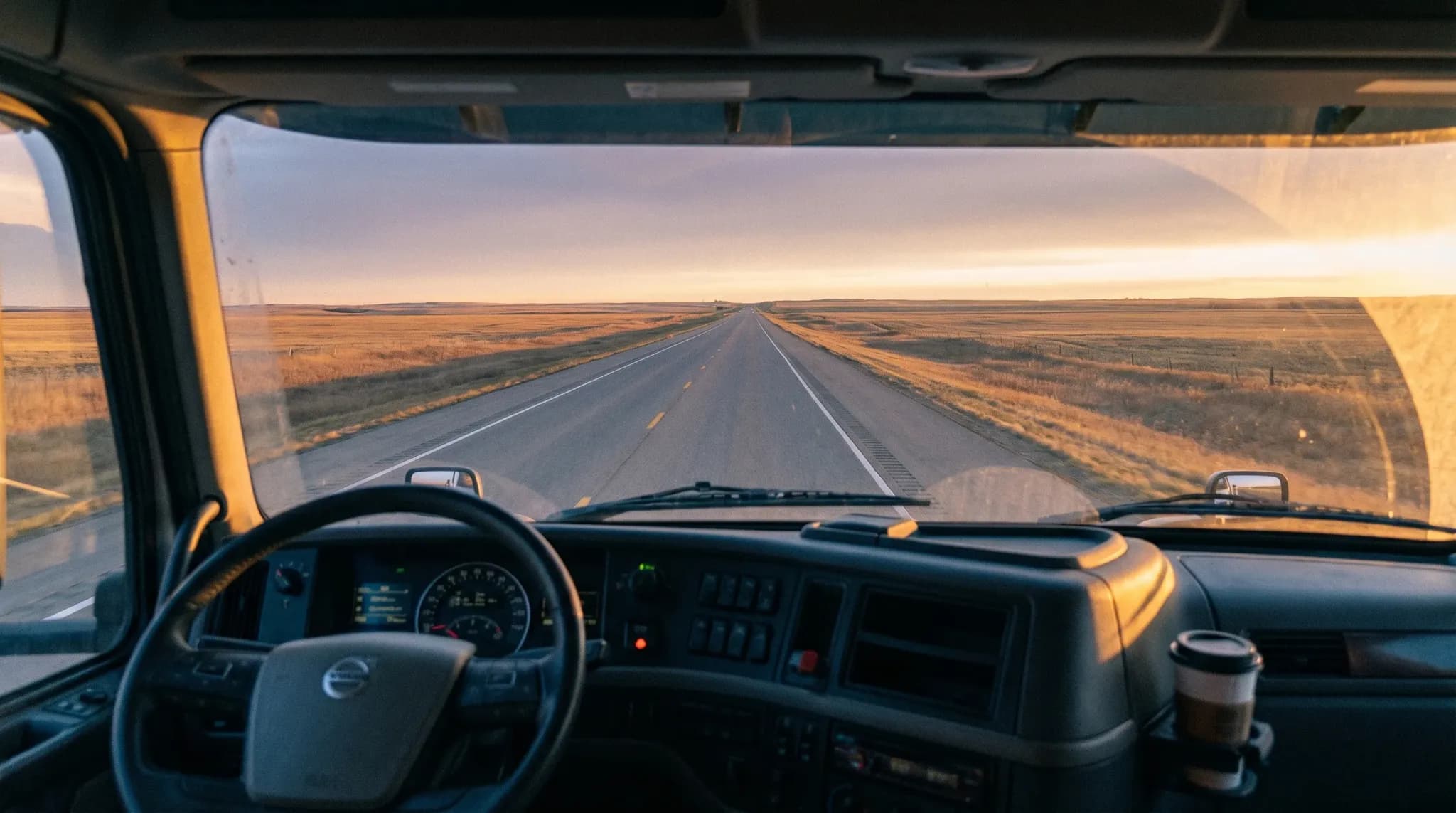View from inside a truck cab on a Saskatchewan highway at dawn